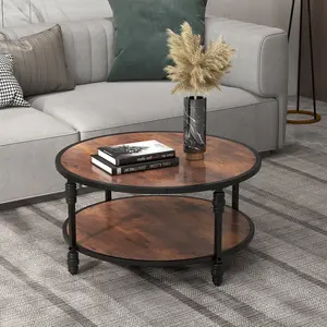 Round Rustic Coffee Table for Living Room – Wood Circle with Storage Shelf, Sturdy Metal Legs, Easy Assembly (Brown)