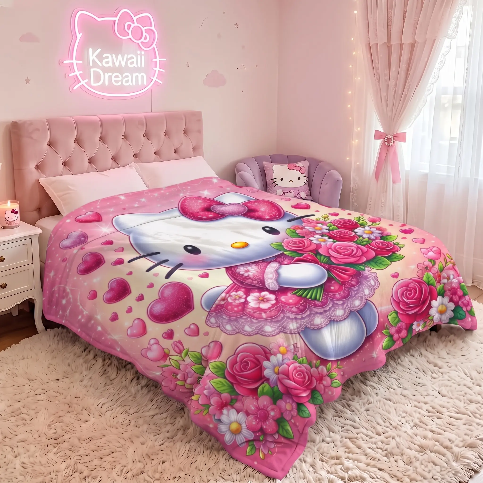 Sanrio Hello Kitty Fluffy Throw Blanket - Multi-Size High-Density Cartoon Decorative Blanket, Comfy and Cozy Bedding for Bedroom, Sofa, Ideal Gift for Daughters