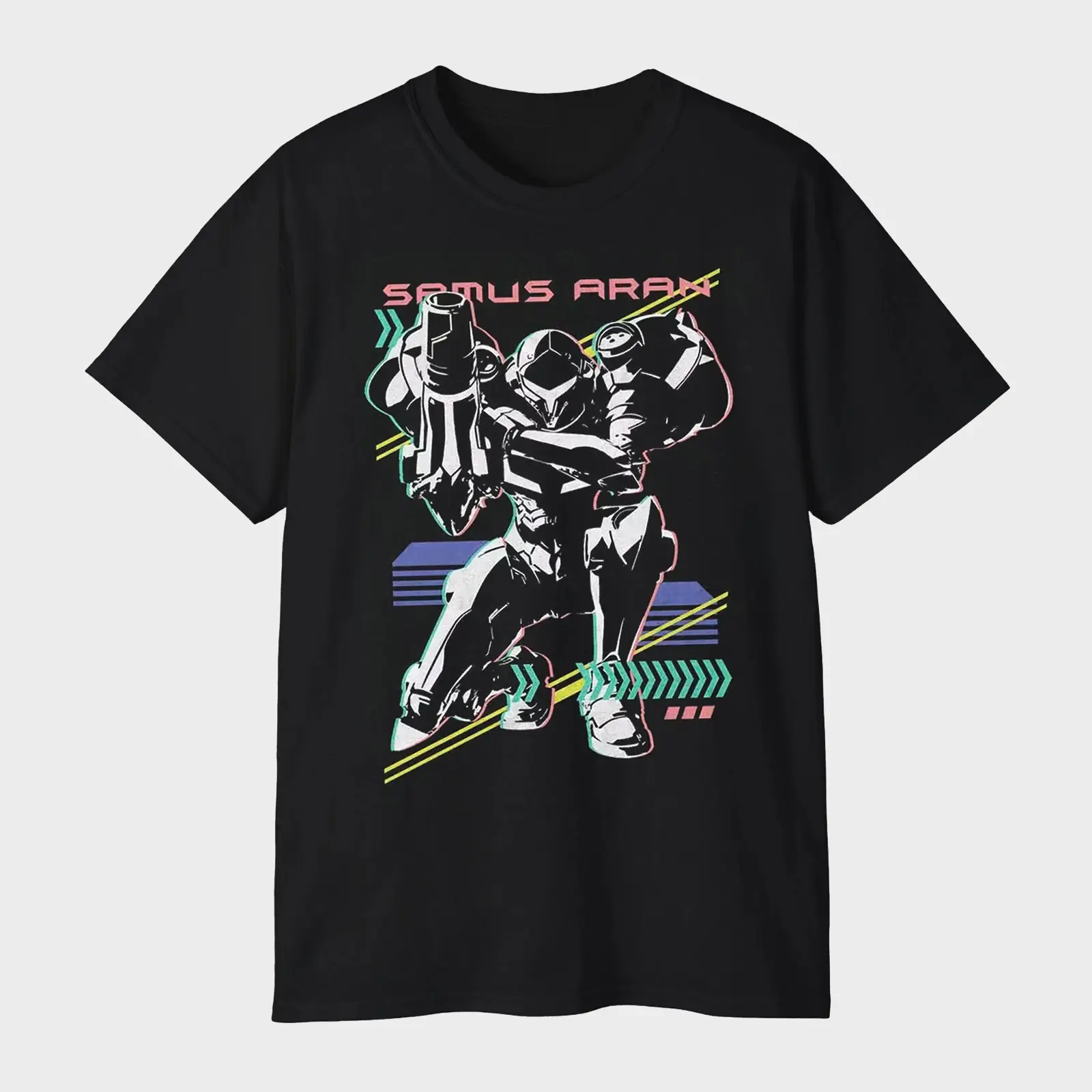 Metroid Samus Aran Neon Synthwave Graphic T-Shirt – Space Hunter Adventure Tee Gift for Fans