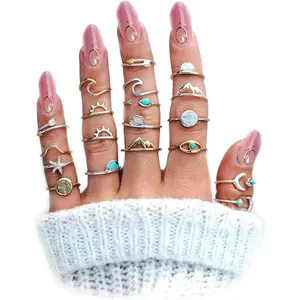 Boho Retro Stackable Rings Sets for Women Knuckle Joint Finger Knuckle Nail Ring Sets Moon Stars Stack Preppy Statement Rings Cute Trendy Stuff