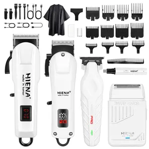 Set of 5, HIENA electric hair clipper white machine set USB rechargeable hair clipper household radio scissors, professional LCD digital display, special hairdressing tools for men's hair clippers as a gift for friends.