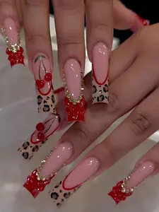 24pcs French Tip Press-On Nails 3D Line Art Leopard Bow Rhinestone Full Cover Set for Daily Wear