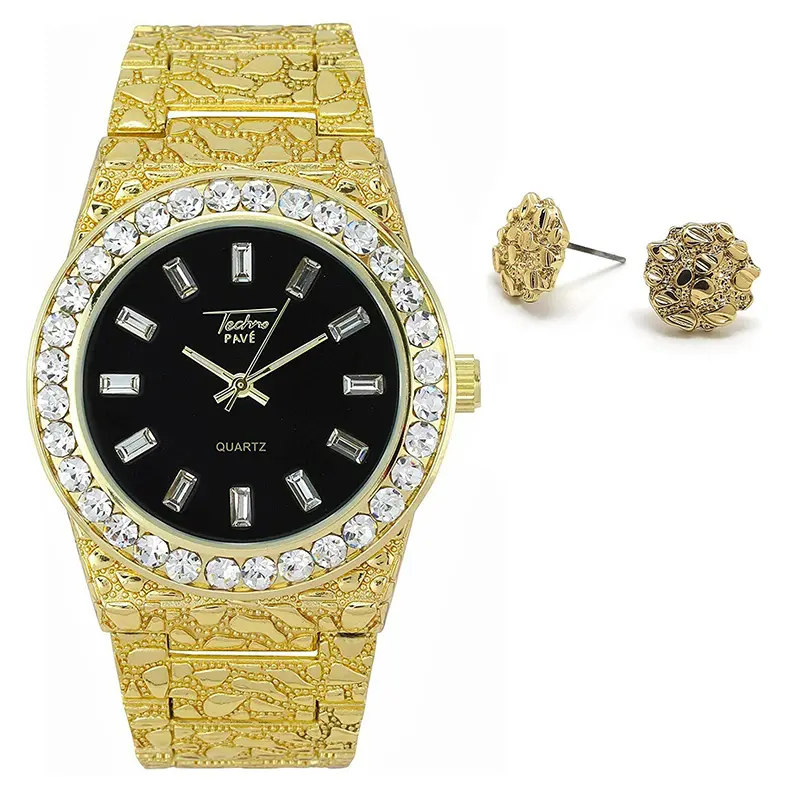 MaxBling81 Men's Hip Hop Watch & Stud Earrings Set, 2-Piece Gold-Plated with Golden Nugget Pattern, Quartz Analog Black Round Face, Removable Links, Batteries, Nugget Print, Metal, Stainless Steel, Waterproof, Hip Hop Look