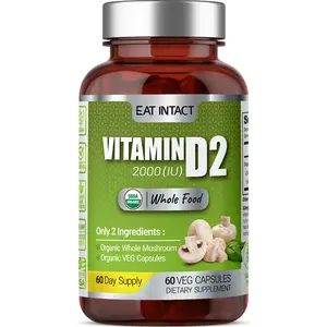 EAT INTACT Organic Vegan Whole Food Vitamin D2, 2000 IU (50 mcg), Two Ingredients (Organic Whole Mushroom and Organic Vegan Capsule), Non-GMO, Support Strong Bone and Immune Health, 60 Day Supply