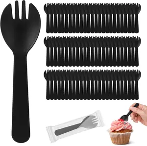 100Pcs Mini Plastic Spork, 4.2 Inch Individually Wrapped Disposable Cutlery, Small Black Fork Spoon Combo for Desserts, Ice Cream, Cakes, Appetizer, To-Go & Party Use