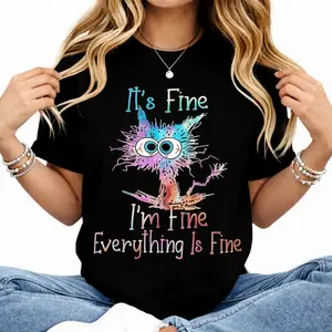 Women's Casual Fashion Short Sleeve Round Neck T-Shirt - Black Cat "It's All Okay" Quote Top, Comfortable Fabric,summervibes
