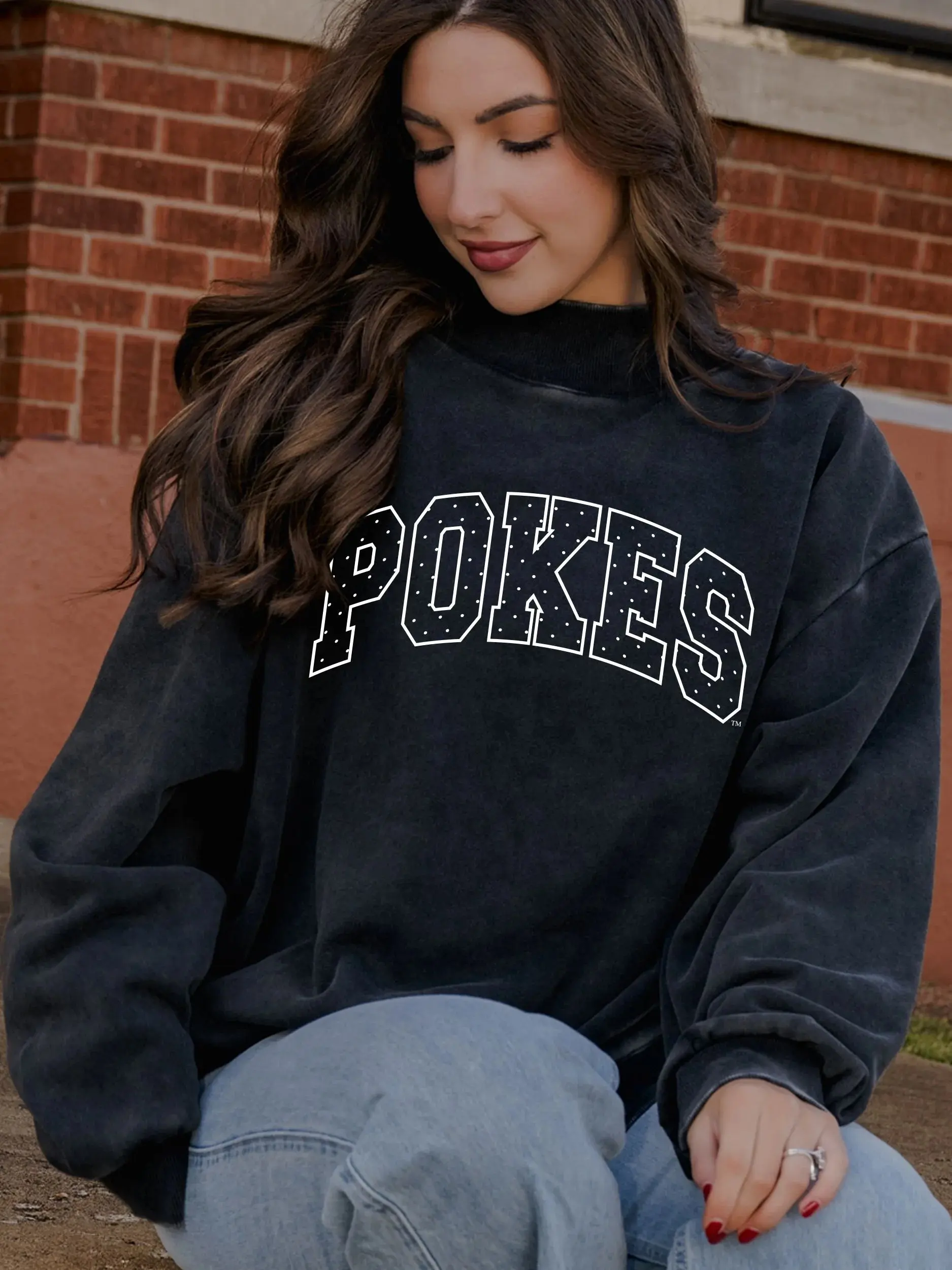 Livy Lu: OSU Cowboys Polka Dot Puff Weekend Mock Neck Sweatshirt in Black
