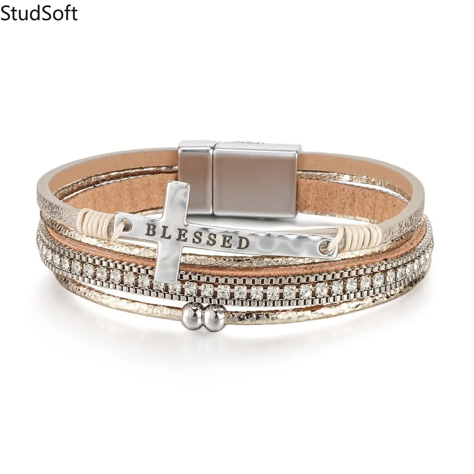 Women's 2026 New Blessed Cross Leather Wrap Bracelet, Rhinestone Pave Multi-Layer Wristband with Magnetic Clasp, Religious Faith Jewelry Gift