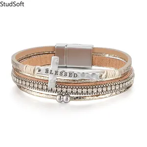 2026 New Blessed Cross Leather Bracelet for Women, Rhinestone Pave Multi-Layer Wrap Wristband with Magnetic Clasp, Religious Faith Jewelry Gift