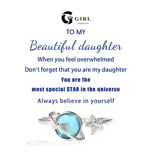 GGRIL Perfect Gift for My Daughter Moon&star Rotating Ring For Women/Girl-With Gift Card Adjustable Inaild Shining Blue Artificial Zircon, Dainty Encouraging Ring Jewelry , Cute Daily Versatile Exquisite Jewelry for Girls/Daughter/Girlfriends