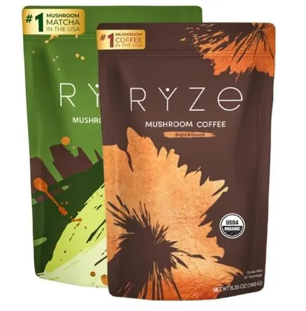RYZE SUPERFOODS All Day Energy Bundle with Mushroom Medium Roast Coffee + Mushroom Matcha, USDA Organic with 6 Adaptogenic Mushrooms + Matcha for Better Energy, Focus, Digestion 30+30 serving