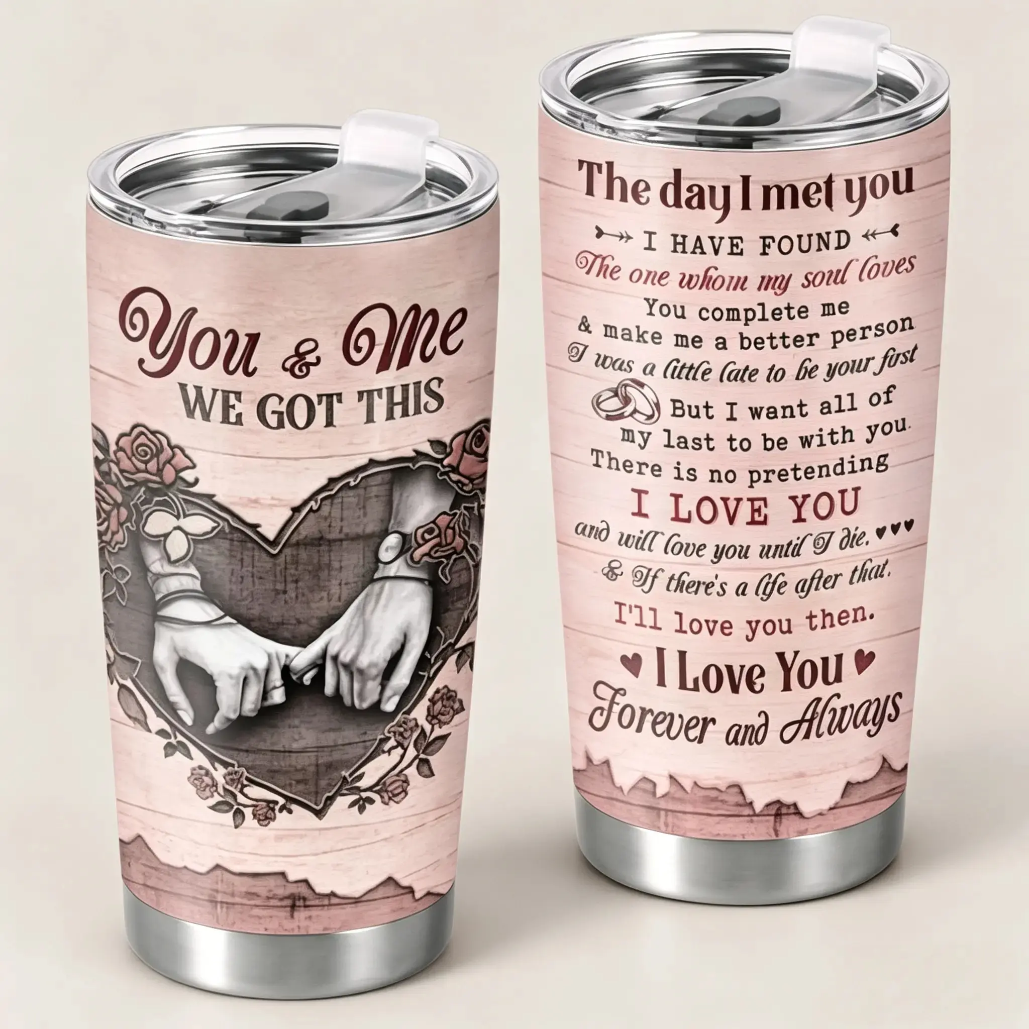 20oz Stainless Steel Insulated Coffee Flask - "You & Me We Got This" "The Day I Met You" Love Quote Tumbler, Portable Wood-Accent Cup with Lid, Romantic Couple Gift for Anniversary, Valentine’s Day