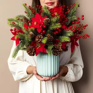 4pcs Berry & Pine Branch Floral Set, Valentine's Day Home Table Decor, Romantic Wedding Room Ornament, Model Xinghao