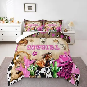 Kids Cowgirl Western Comforter Set,Watercolor Horse Pink Hat Boots Bedding Set for Kids Boys Men,Paisley Milk Cow Print Rustic Wooden Quilted Duvet Set