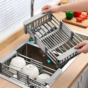 Expandable Over-the-Sink Dish Drying Rack, Stainless Steel Adjustable Sink Bridge Caddy for Kitchen, Space Saving Countertop Organizer for Drying Dishes and Utensils