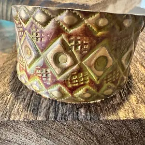 Handcrafted Artesian Boho Brass Patina Bracelet, Burnt Orange Diamonds and Squares, Adjustable, Gift Box