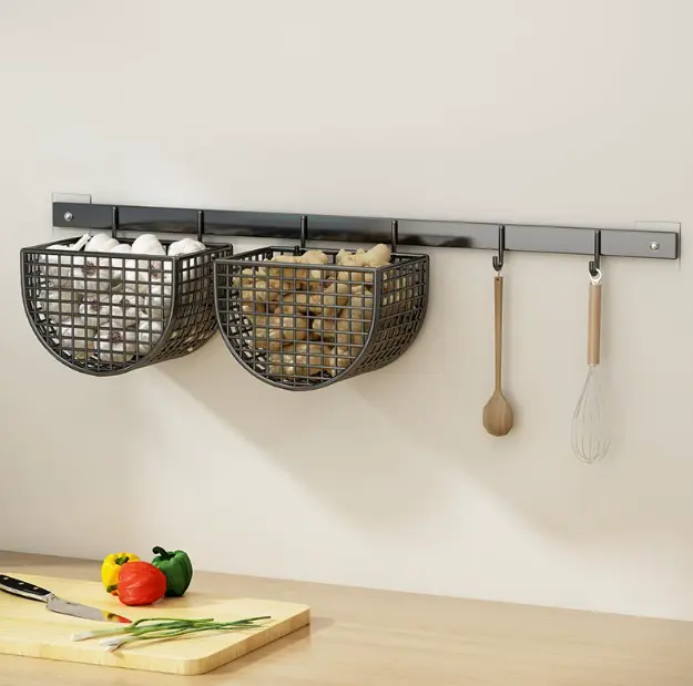 No Drill Wall Hanging Kitchen Storage System Black Metal Grid Baskets With Slide Track Rail Multi Hanging Hooks Space Saving Wall Organizer For Vegetables Spoon Baking Tools