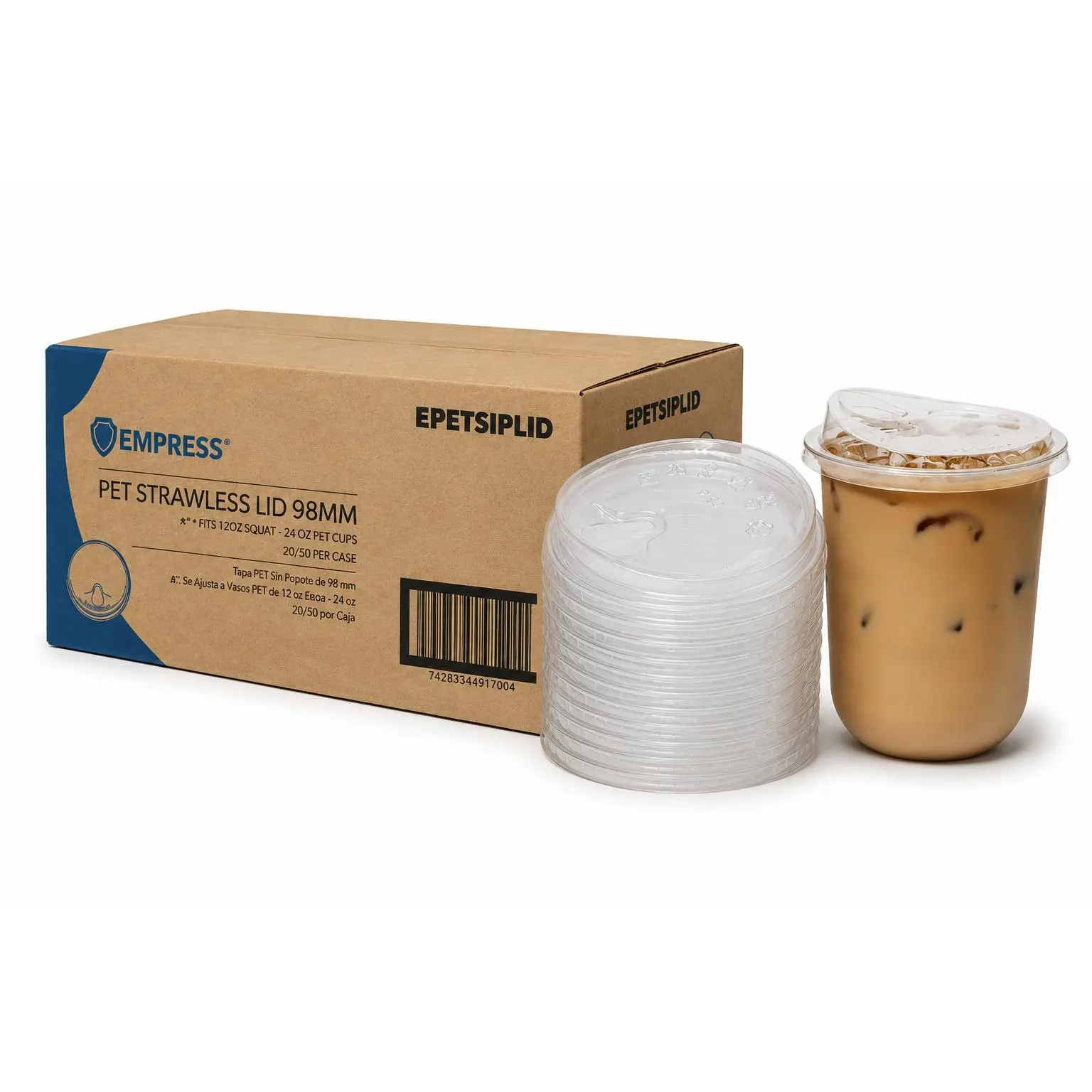 Empress PET Strawless Sipper Lid for 12,16,20,24oz PET Cups 98mm - 1000pcs Ideal for Iced Coffee, Matcha, Dirty Soda, Lemonade, Bubble Tea