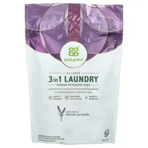 Grab Green 3 in 1 Laundry Powder Detergent Pods, Lavender with Vanilla, 24 Loads, 13.5 oz (384 g)