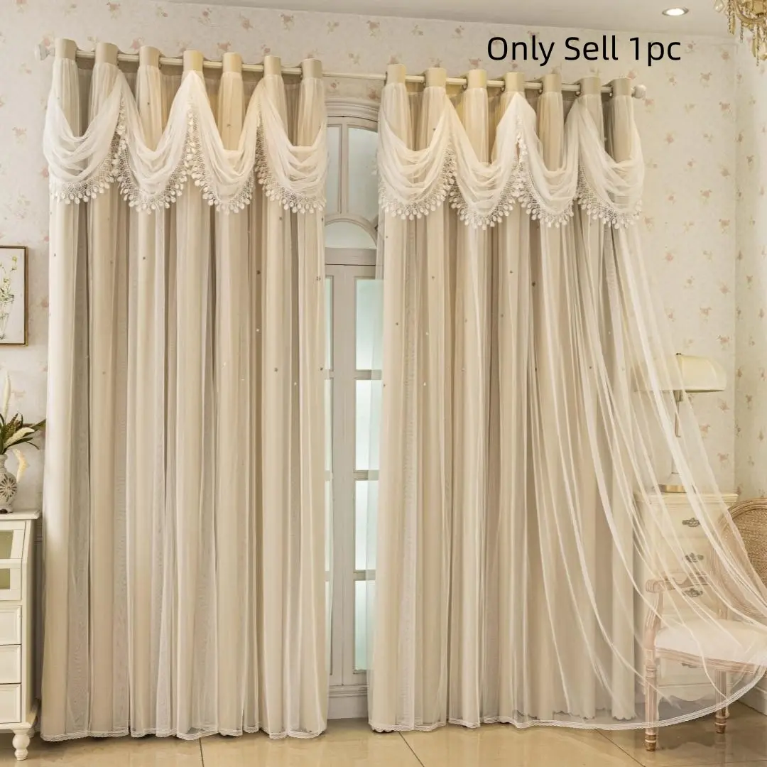 1pc European Style Ruffled Hem Curtain, French Embroidered Living Room Blackout Drapes, Dual Layer Sheer Princess Bedroom Window Covering, Embroidered Curtains