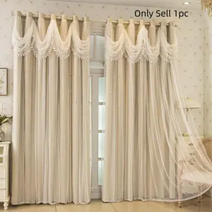 1pc European Style Ruffled Hem Curtain, French Embroidered Living Room Blackout Drapes, Dual Layer Sheer Princess Bedroom Window Covering