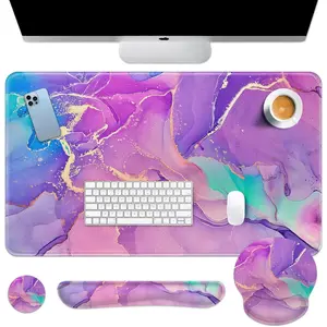 Purple Desk Mat, Painting Golden Mouse Pad Set with Wrist, Large Mousepad+Keyboard Wrist Rest+Mouse Wrist Rest+Coaster with Ergonomic, Non-Slip Mat