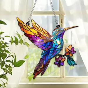 Hummingbird Acrylic Window Hanging Home Decoration, Hummingbird and Flowers Suncatcher Ornament, Bird Lover Gift, Hummingbird Gift for Women