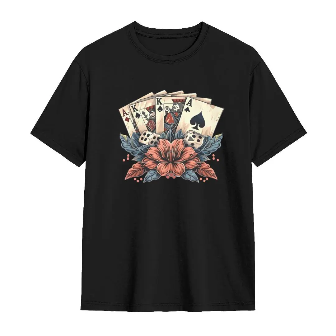 Unisex Black Short-Sleeve Poker & Dice Tattoo-Style Graphic T-Shirt: Retro Casino Print Tee for Casual Style vintage holiday crewneck boyfriend  tees streetwear  outfits  men graphic tee t shirts for men white estado merch sohochic