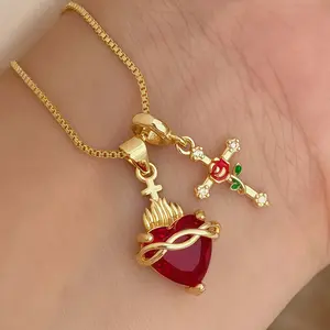New heart-shaped rose cross multi-pendant necklace with zircon heart pendant, color-retaining collarbone chain for women