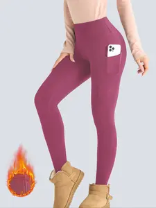 1PC Women's Winter High Waist Fleece Lined Leggings, Tummy Control Pocket Outdoor Sports Warm Pants,  Solid Tight Fit Yoga Pants with Pockets