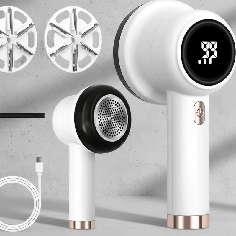 Professional Rechargeable Fabric Shaver – 2 Replaceable Stainless Steel 6-Leaf Blades (1 Free Extra Included), 3-Speed Settings, LED Display, 2600mAh Battery, Portable Lint Collector for Clothes, Sweaters & Furniture, Fuzz, Pills & Hairball Remover