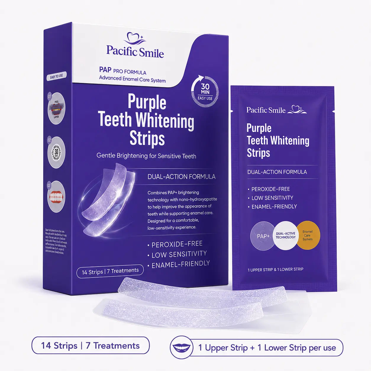 Pacific Smile Purple Teeth Whitening Strips - 7 Whitening Sessions 14 Strips - Safe for Enamel - Non Sensitive Teeth Whitening - Peroxide-Free