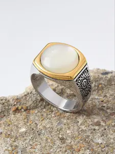Premium Men's White Shell Agate Ring, 18K Gold Plated + 316L Steel, Natural Gemstone + Carved Craft, Top Choice for Birthday/Anniversary Gifts