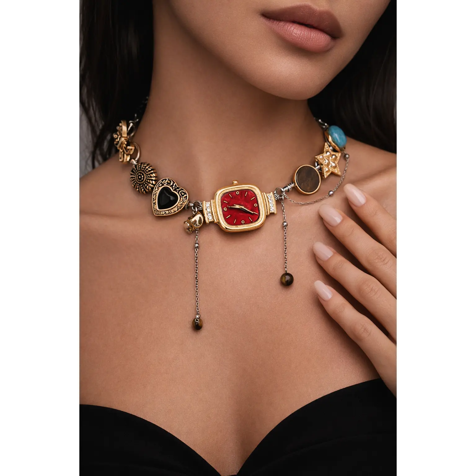 Boho Red Vintage Whimsical Watch Choker Necklace   – Square Watch Pendant | Black or Red Dial