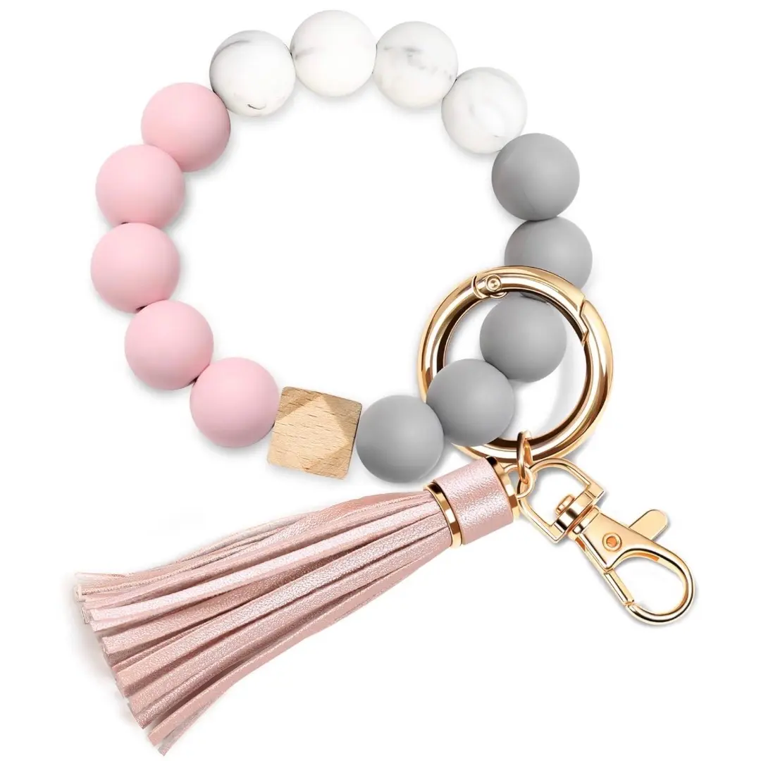 Keychain Bracelet Wristlet, Silicone Beaded Key Ring Bracelet, Elastic Keyring Bangle for Womens