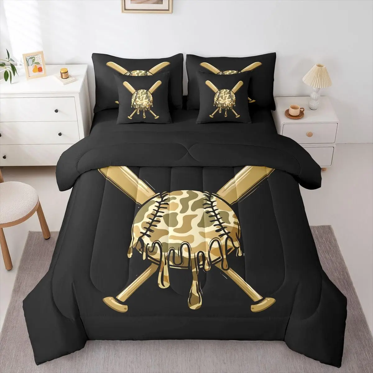 Baseball Bed in a Bag Baseball Ice Cream 7 Piece Bedding Set For Kids Ultra Sports Theme Comforter Set with Sheets,Pillowcases & Cushion Cover Army Green Black Room Decor Microfiber