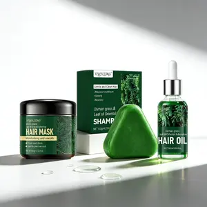 Usman Platycladus Leaf Set (Hair Mask, Shampoo Bar, and Essential Oil) with Usman herb, Platycladus leaf, ginger, and mint helps nourish hair roots, strengthen strands, improve scalp health, and balance oil.