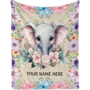 Customized Elephant Blankets and Throws, Personalized Blanket with Name for Girl Women, Soft and Comfortable, 60"" x 80""