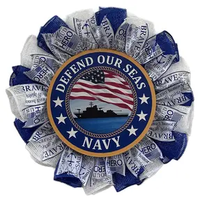 Navy Patriotic Wreath with White and Blue Decorations Mesh and Ribbons