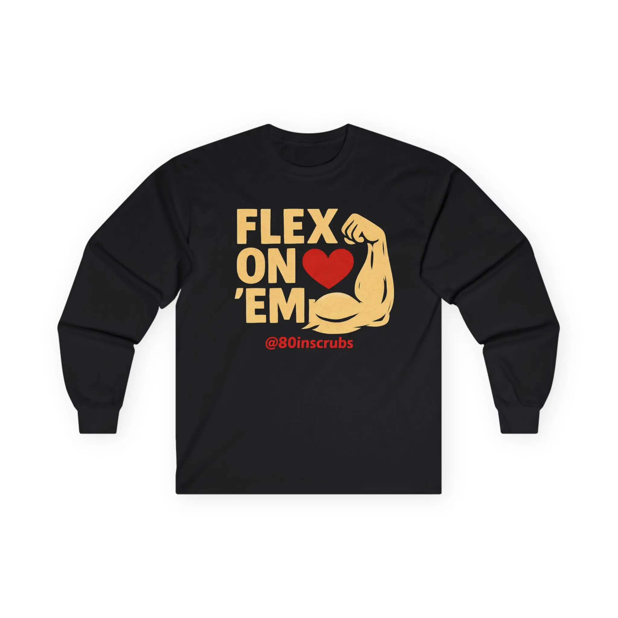 Men's Cotton Knit "Flex On 'Em" Long Sleeve Nurse Tee - @80inscrubs Official Creator Merch, Classic Menswear Knitwear, Heart Design, Comfortable Fit, Ribbed Shoulder Tape, Tumble Dry, Military Tops