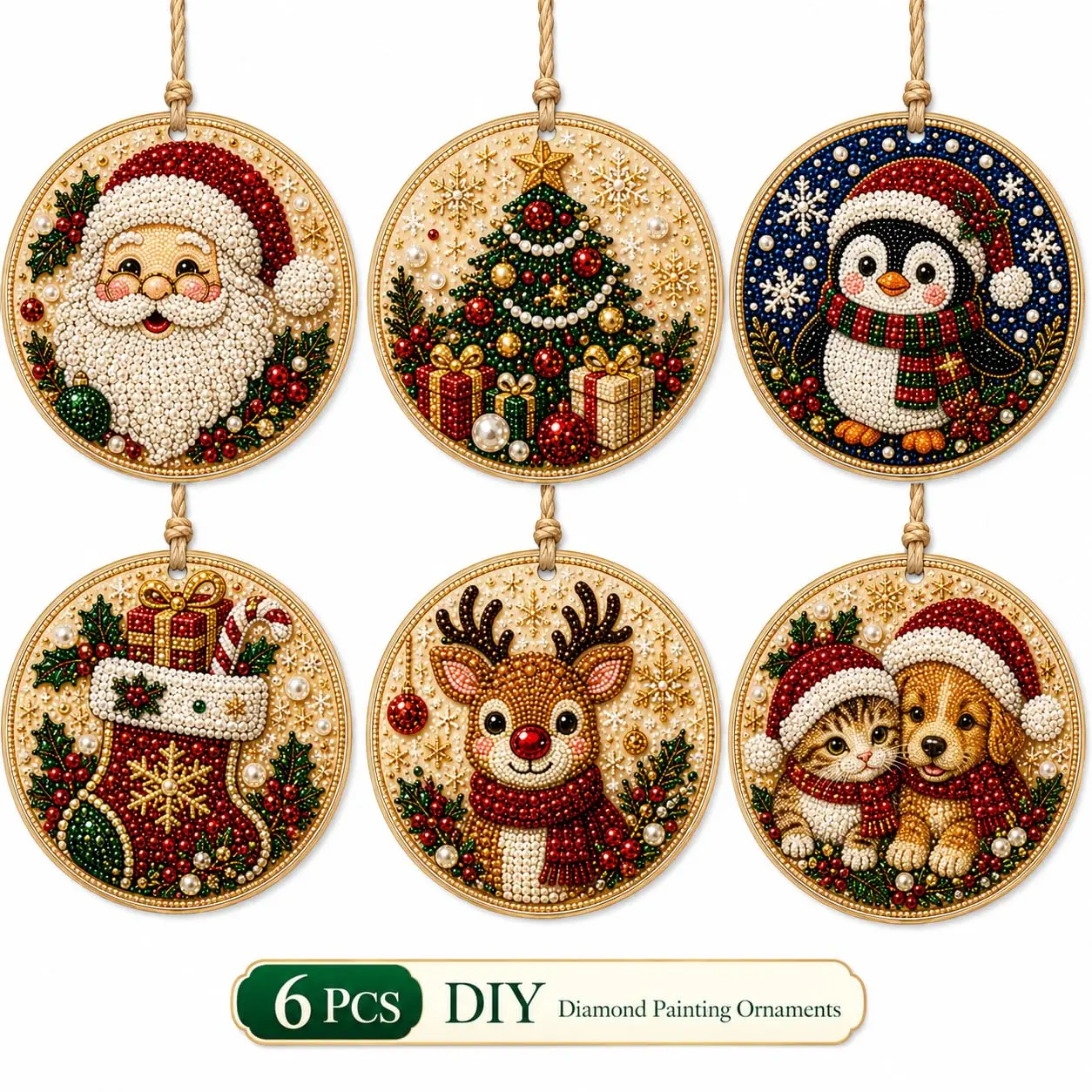 6PCS Christmas Wooden Ornaments DIY Pearl Diamond Art Kit,Christmas ornaments,Christmas gift,Christmas tree decorations,Decorations create a Christmas atmosphere.