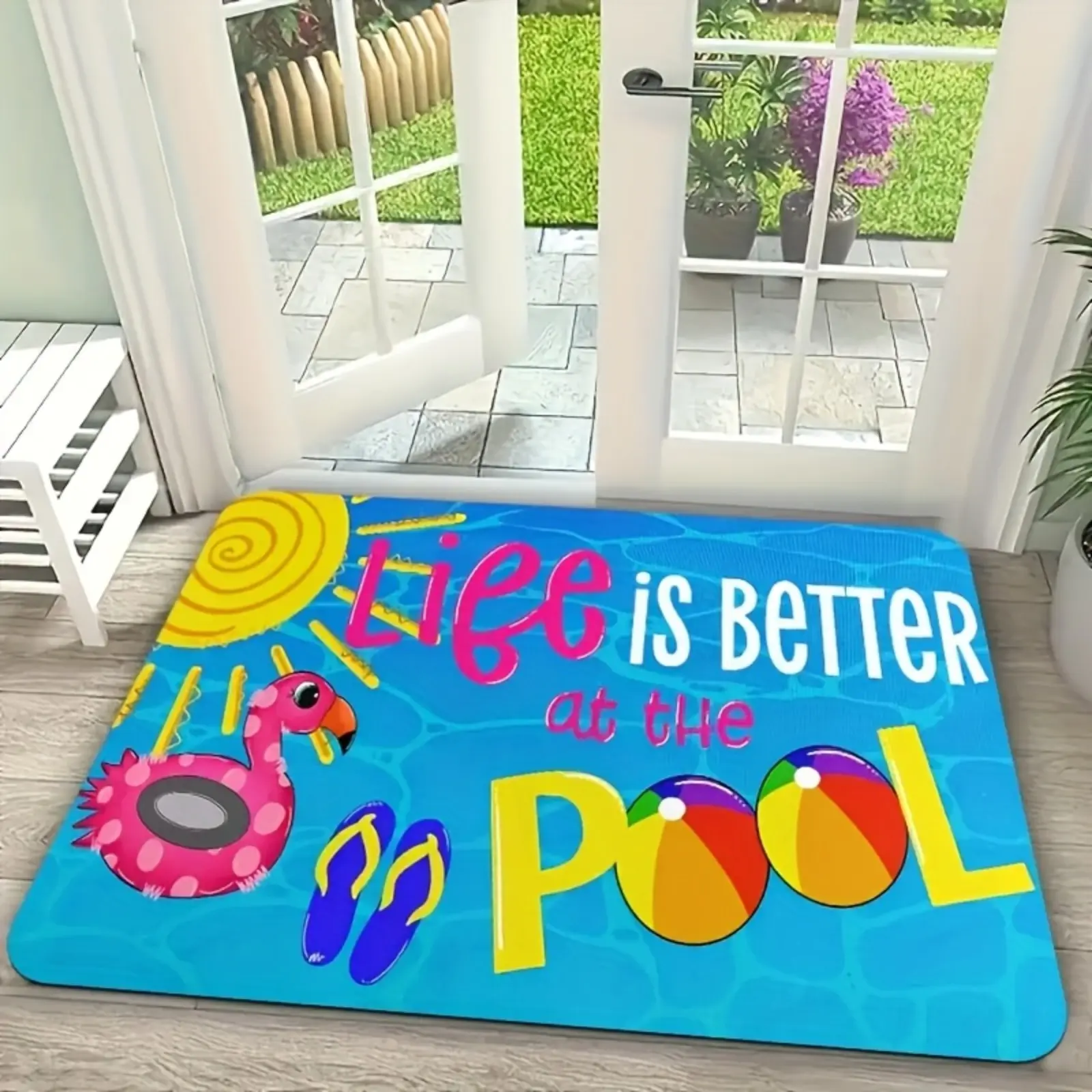 Summer Pool Beach Mat - Non-Slip Bath Rubber Mat with "Life is Better at the POOL" Design, Flamingo & Beach Balls Decor for Bathroom, Living Room, Bedroom, Kitchen, Office, Bathroom Mat Playful Design Style-1