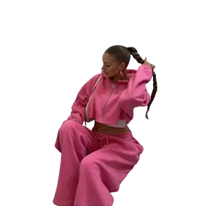 Women's solid color knitted zip-up short sweatshirt, paired with drawstring hood and drawstring waist sweatpants, two-piece set.Casual and stylish, comfortable and breathable, perfect for everyday outdoor wear or airport travel in the fall and winter tikt