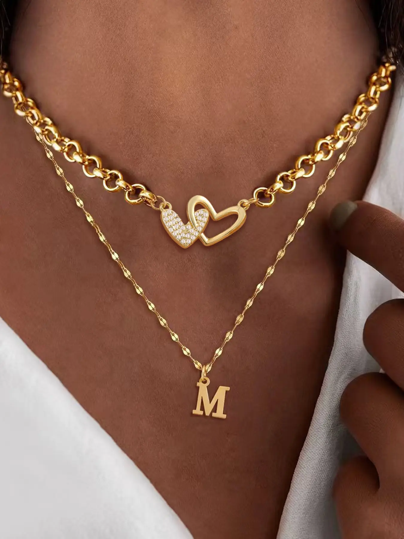 2-Piece Set Initial Micro-Set Zircon Heart Pendant Necklace, Classic Stainless Steel Multi-Layer Chain, Women's Casual Jewelry, Fashion Necklace, Summer Love Necklace, Letter Necklaces, Layered Initial Necklaces