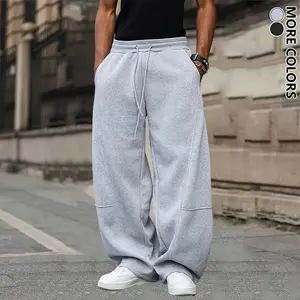 Men’s casual wide-leg jogging pants made from breathable polyester fiber with a drawstring design; unisex solid-color patchwork long pants suitable for everyday activities, work, outdoor travel, and running.