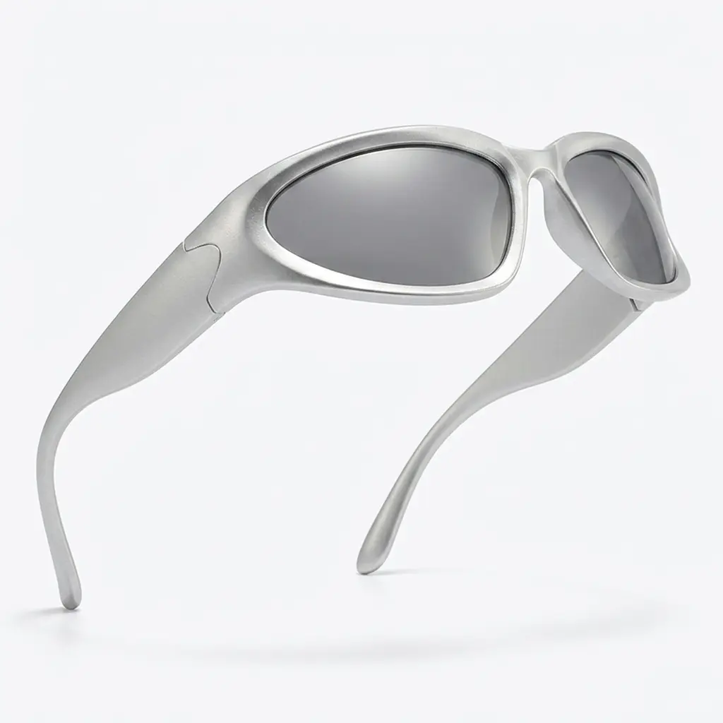 Cyber Y2K Matte Silver Wrap-Around Sunglasses for Women, Futuristic Mirrored Lenses, UV400 Protection, Trendy Street Eyewear