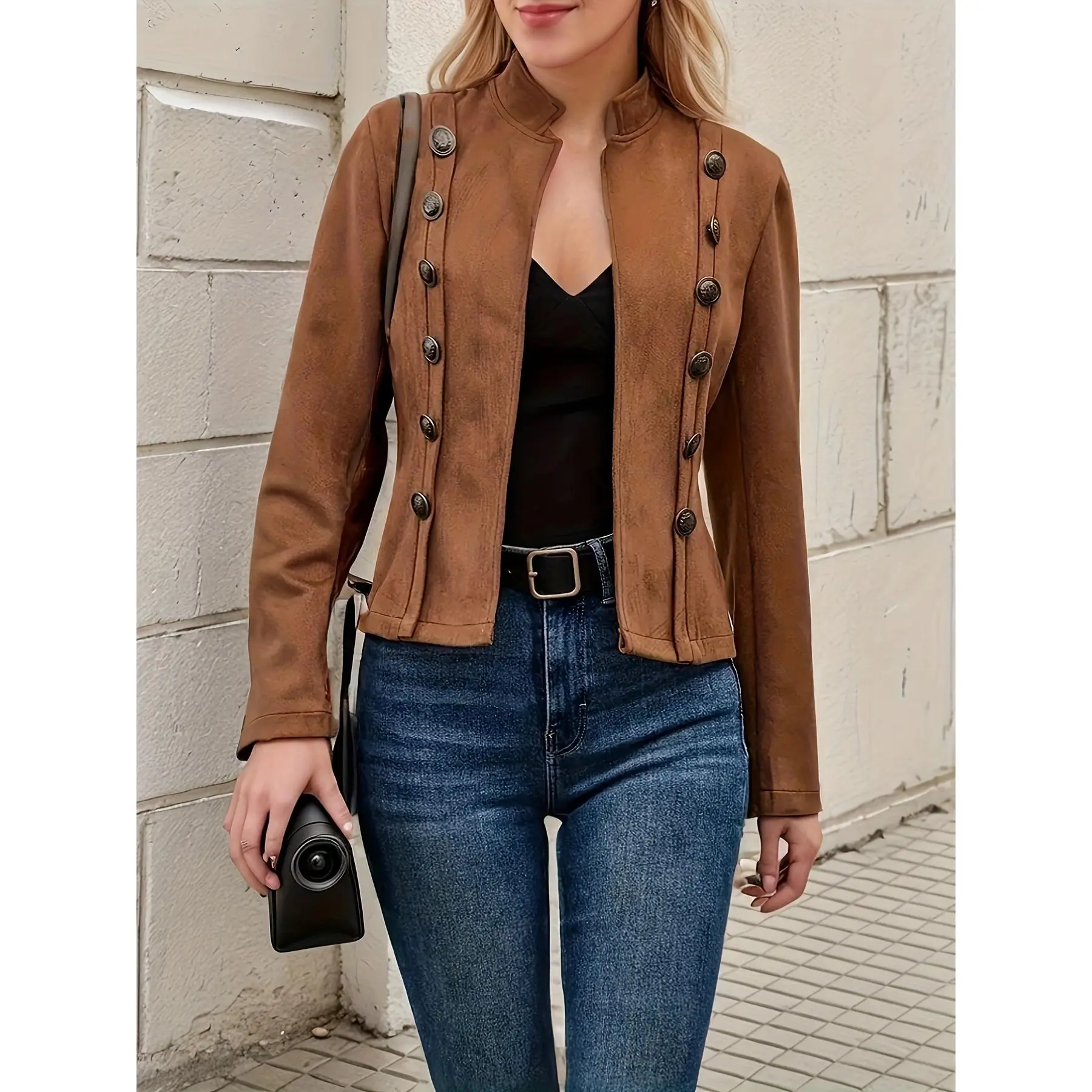 YYW1 2024 Fashion Casual Women's Jacket Jacket, Solid Color Double-breasted Decorative Jacket, And Autumn Vintage Long-sleeved Jacket, Women's Wear