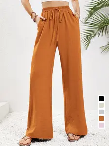 Women's new spring/summer/autumn solid color ice silk wrinkled wide leg pants loose pants simple casual pants S-XXL