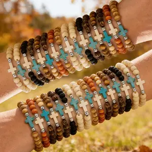 15Pcs Unisex Vintage Wooden Tone Cross Pendant Bracelet Set, Handcrafted Stretchy & Comfortable Fit, Ideal for Parties Holidays & Everyday Wear