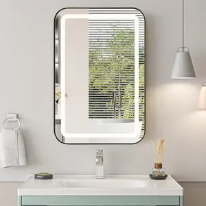 Soges LED Medicine Cabinet with Mirror and Shelves, Rectangular/Oval/Arched/Hexgon Shape Wall Mounted Vanity Organizer for Bathroom, Modern Elegant Style Large Storage Recessed Mirror Cabinet, Black/Gold
